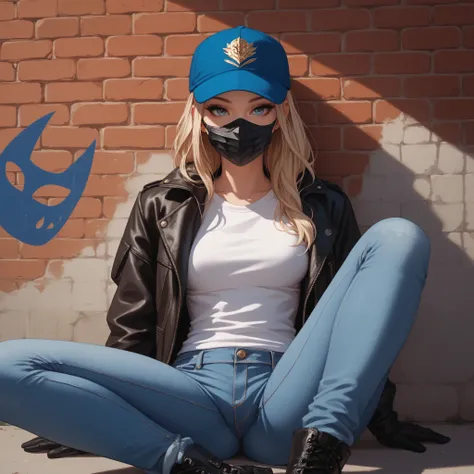 Beautiful woman, covered from head to toe in clothing, cap, t shirt, jacket, jeans, boots, gloves, mask, close up shot, expressive eyes, wall background, cornered