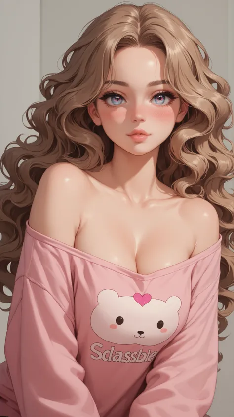 Sexy woman, long black wavy hair, big forehead, beautiful seductive eyes, medium nose, big kissable lips, deep pink blush, blushing deeply, fair glowing skin, pink oversized off shoulder t shirt, bare shoulders, medium chest, cleavage