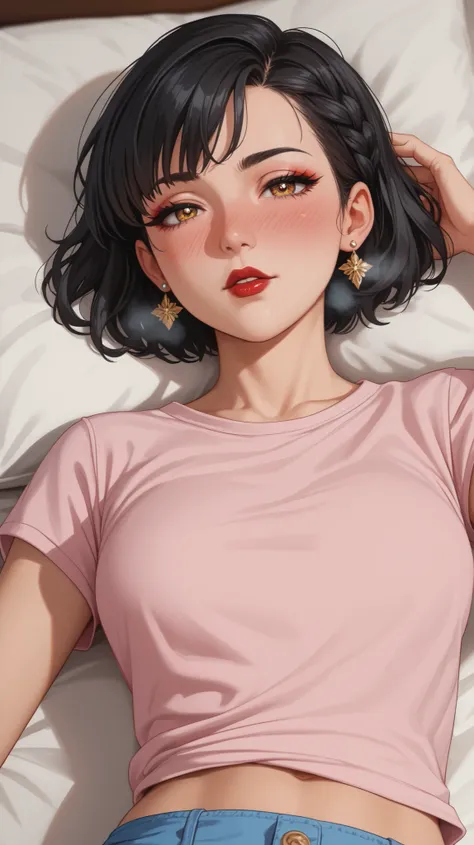 High Resolution, Accurate, Anatomically Correct, Best Quality, Detail, HD, High Details, High Quality, Super Detailed, Textured Skin, Short Hair, Black Hair, Braid, Breasts, Earrings, Blush, Parted Lips, Makeup, Nose Blush, Heavy Breathing, Light Blush, Gl...