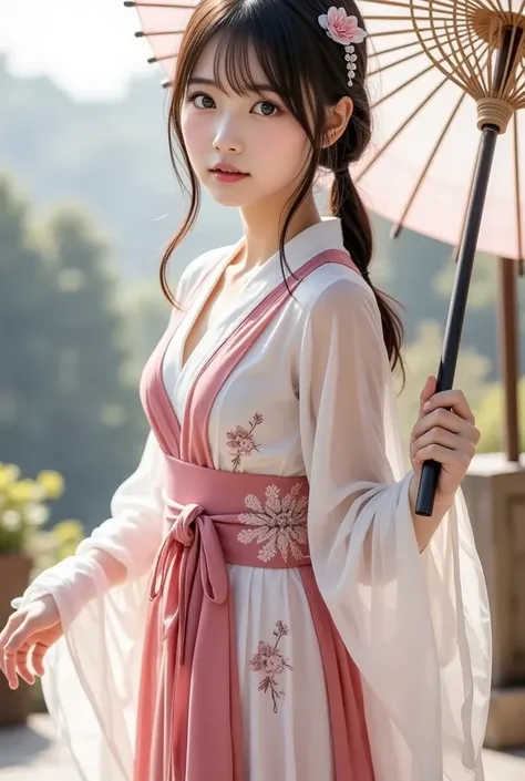 The young girl wears an elegant, traditional East Asian ensemble, features flowing robes in shades of pink and white, and the、.The elaborate design includes intricate floral patterns and、adding femininity and elegance to the、Her outer layer is lightweight, translucent fabric is adorned with pale pink floral motifs throughout、, drapes gracefully over the brighter pink garment she wears underneath. The wide sleeves of her outfit match the floral theme, are enhanced by delicate floral hair ornaments that enhance traditional aesthetics. wide white sash tightens her waist、, adds structure to her flowing silhouette. stands gracefully, ribbons and tassels add movement and depth to the overall composition. with soft hues and delicate designs、It gives vibe、flying through the sky with an old Japanese umbrella、Mother nature spreads out underneath her、Mysterious with haze、