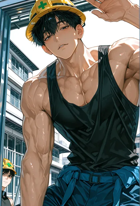 8k, beautiful masterpiece, 1 man, Handsome male, 32 years old, black hair, bangs, black eyes, sharp gaze, half-closed eyes, light skin, sharp build, cool expression, 188cm, muscle, pectoral muscles, wearing black tank top, wearing janitor's pants, wearing ...