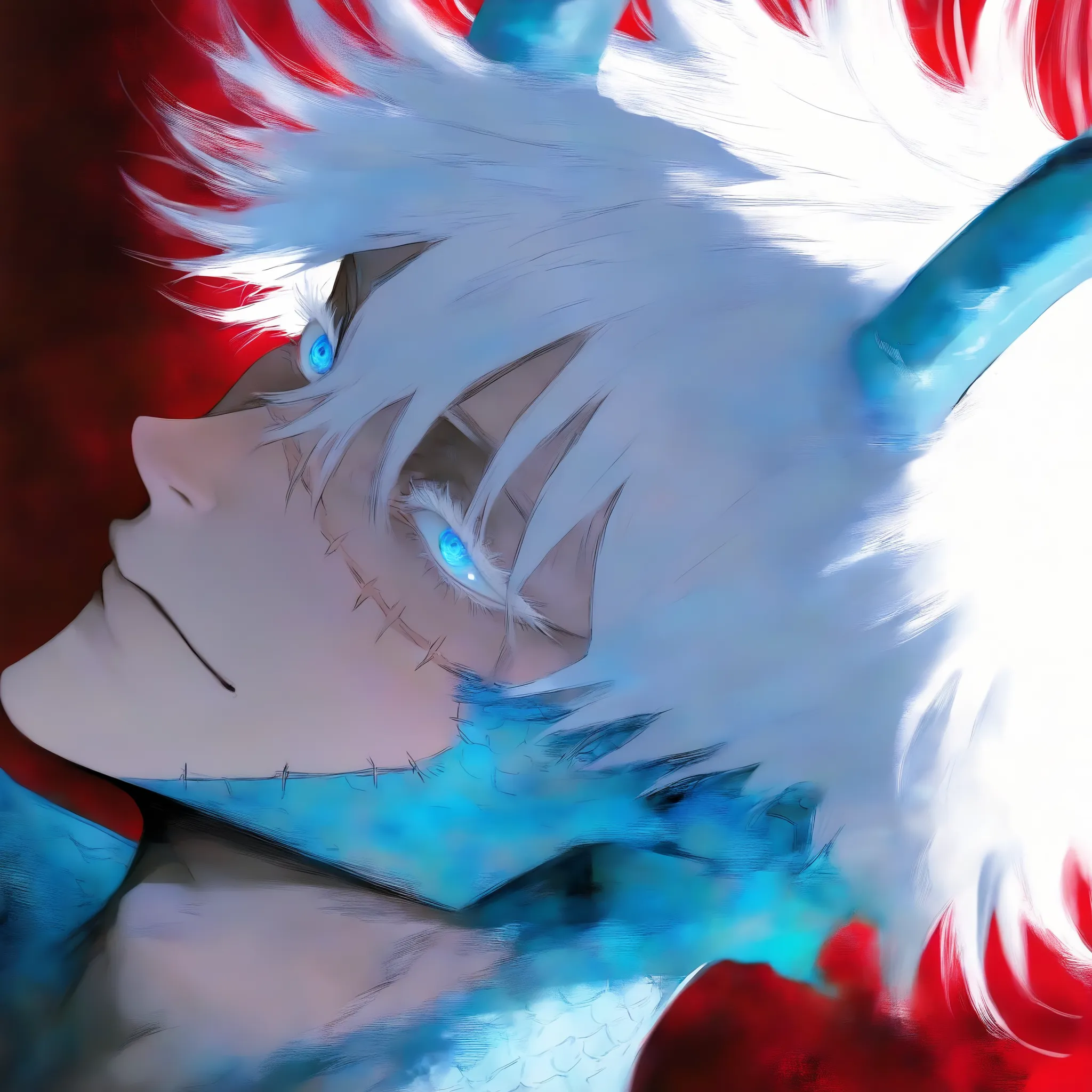 horns, scales,1man, adult, male focus, gojou satoru, jujutsu kaisen, white hair, short hair, ((hair between eyes)), colored eyelashes, white eyelashes, blue eyes, intricate eye iris, detailed eyes, muscular male, sexy man, handsome man, handsome face,
huge...