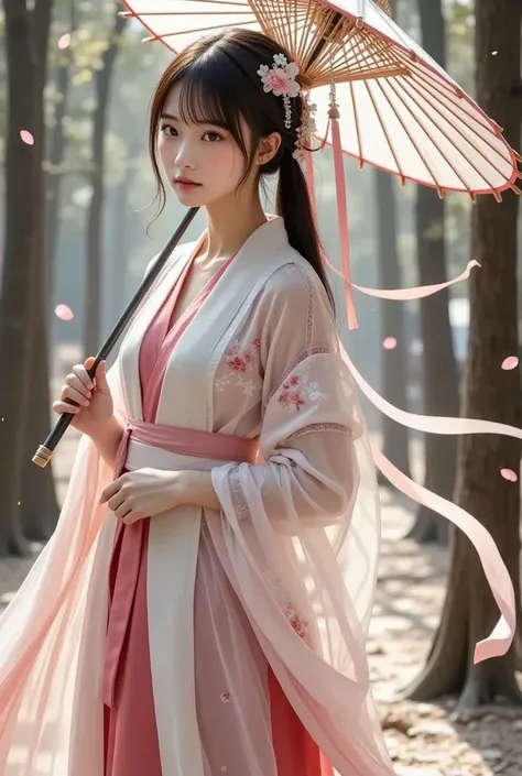 The young girl wears an elegant, traditional East Asian ensemble, features flowing robes in shades of pink and white, and the、.The elaborate design includes intricate floral patterns and、adding femininity and elegance to the、Her outer layer is lightweight, translucent fabric is adorned with pale pink floral motifs throughout、, drapes gracefully over the brighter pink garment she wears underneath. The wide sleeves of her outfit match the floral theme, are enhanced by delicate floral hair ornaments that enhance traditional aesthetics. wide white sash tightens her waist、, adds structure to her flowing silhouette. stands gracefully, ribbons and tassels add movement and depth to the overall composition. with soft hues and delicate designs、It gives vibe、日本の古風な傘を持っている、She's flying 、Tsukiya Sky, who has an old Japanese umbrella, and she become one、Mother nature spreads out underneath her、Mysterious with haze、