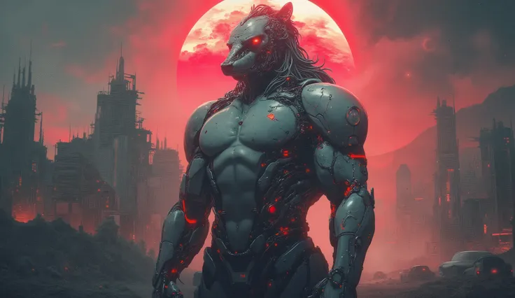Full length detailed view. full sexy body, sexy muscle hybrid strong man and half cyborg animal, with big muscles looking into the camera, sexy muscle hyprid, hd realistic sharp details of the skin, beautyful eyes, cyborg hair, looking strong, a sexy mecha...