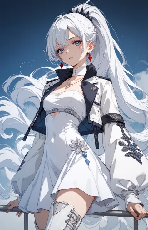 W31ssSchn33, 1girl, white hair, blue eyes, long ponytail, side pontyail, scar across eyeW3issVol1Huntr3ss, jewelry, cropped jacket, earrings, necklace, white dress, white boots