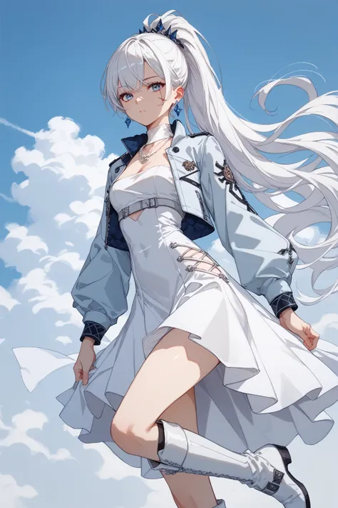 W31ssSchn33, 1girl, white hair, blue eyes, long ponytail, side pontyail, scar across eyeW3issVol1Huntr3ss, jewelry, cropped jacket, earrings, necklace, white dress, white boots