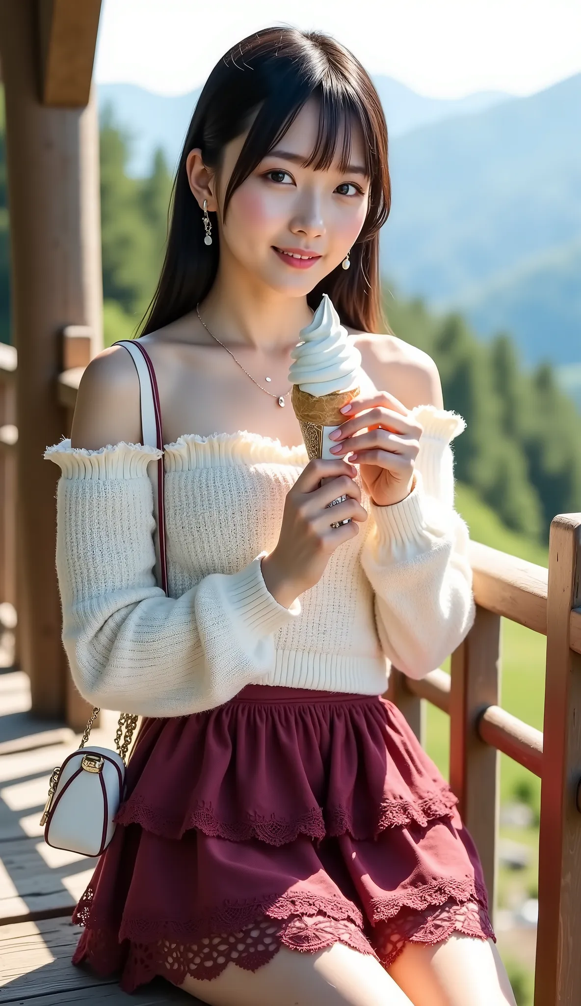 ((full body shot:1.5))、(petite young Japanese woman touring mountain tourist spots)、Small resting place on the mountain、(eating soft serve ice cream:1.35)、((dating))、noon、Smiling、((white off-shoulder knitted sweater with lace frills))、(burgundy lace ruffle...