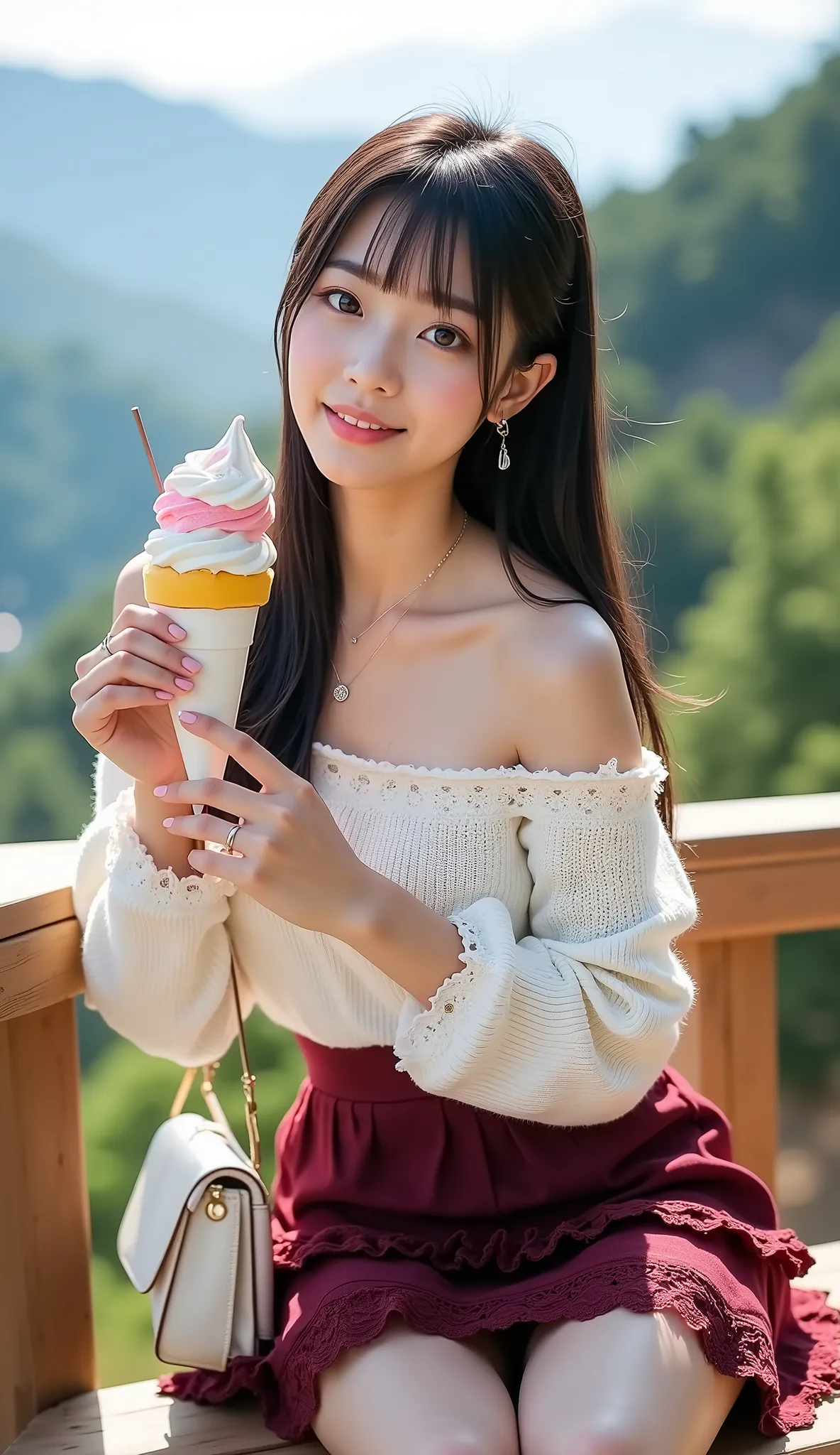 ((full body shot:1.5))、(petite young Japanese woman touring mountain tourist spots)、Small resting place on the mountain、(eating soft serve ice cream:1.35)、((dating))、noon、Smiling、((white off-shoulder knitted sweater with lace frills))、(burgundy lace ruffle...