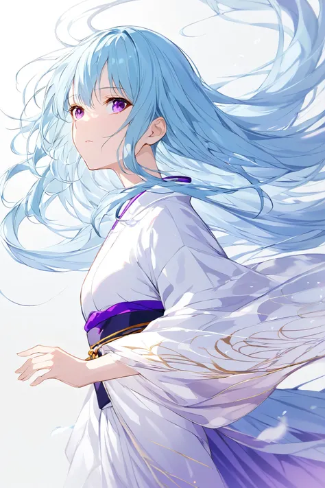 human body anatomically accurate, top quality, touches very long hair , hair fluttering in the wind, hair fluttering in the wind, golden and light blue hair、purple eyes , Japanese illustration style, anime style, cool pose , background、low angle、H...
