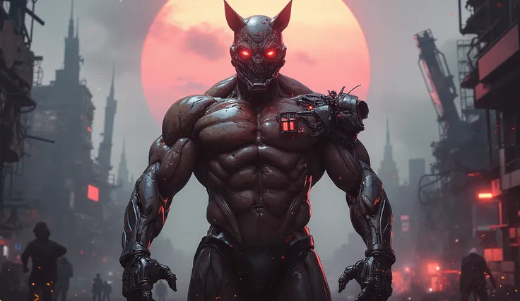 Full length detailed view. full sexy body, sexy muscle hybrid strong man and half cyborg animal, with big muscles looking into the camera, sexy muscle hyprid, hd realistic sharp details of the skin, beautyful eyes, cyborg hair, looking strong, a sexy mecha...