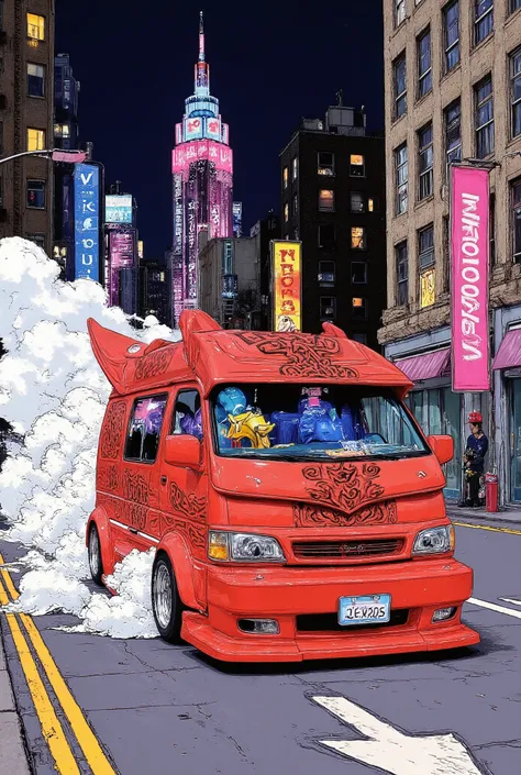 comic book style illustration of a bright red vanning-style minivan performing a dramatic burnout in the middle of a city street at night, exaggerated proportions and dynamic pose

the minivan features oversized chrome aero parts, huge flared fenders, exte...