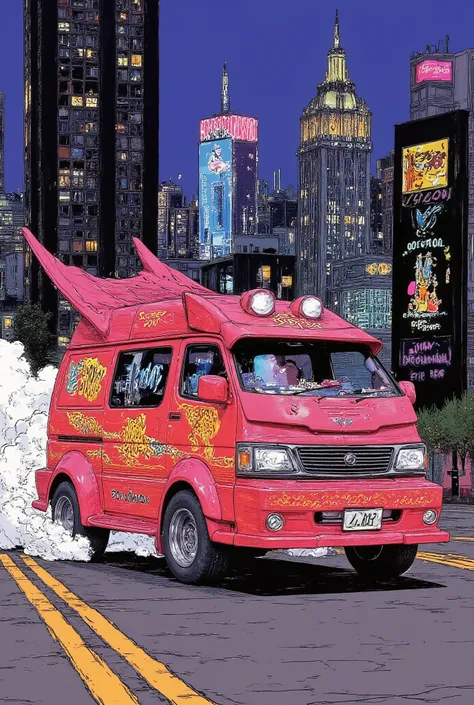 comic book style illustration of a bright red vanning-style minivan performing a dramatic burnout in the middle of a city street at night, exaggerated proportions and dynamic pose

the minivan features oversized chrome aero parts, huge flared fenders, exte...