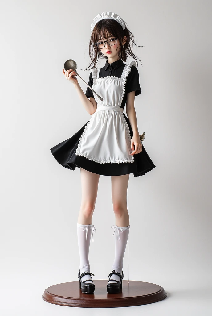((top quality、masterpiece、high sensitivity、high resolution、detailed depiction、Delicate face、Ｆvalue：6.0),((Slender Woman、wearing glasses)),Maid Outfit、Apron Dress with Ladle、high socks with ribbons、Become an acrylic stand、