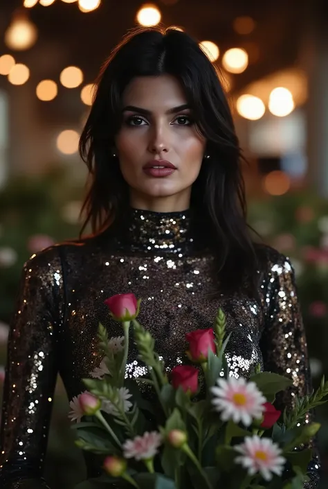 Foto hiperrealista en primer plano de woman, masterpiece, best quality, (photorealistic:1.4), full body, (sequin turtleneck gown:1.1), cinematic light, beautiful woman, medium breasts, wavy hair, detailed face, photo taken from a distance, lin a old abando...