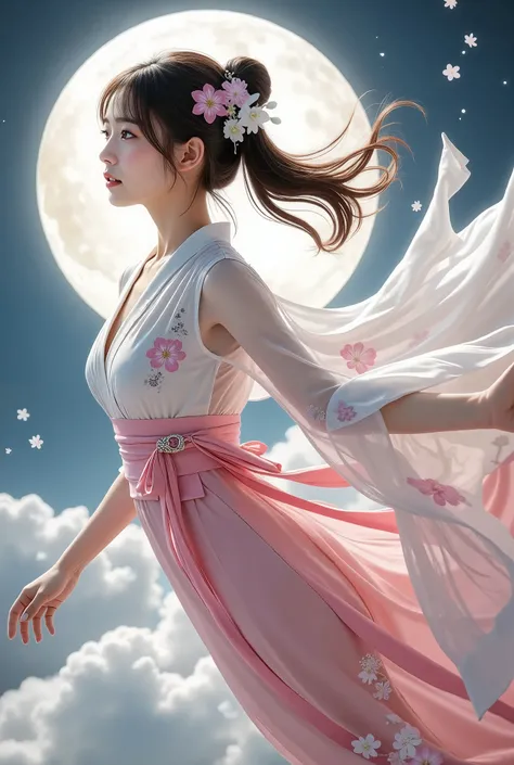 The young girl wears an elegant, traditional East Asian ensemble, features flowing robes in shades of pink and white, and the、.The elaborate design includes intricate floral patterns and、adding femininity and elegance to the、Her outer layer is lightweight,...