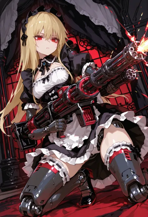 Maid Outfit。blonde long hair。black gothic room。Mechanical joints。Red eyes。red glow。machine body。Gatling。Minigun。Rapid Fire 。Firing