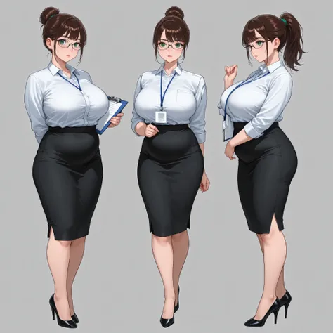 A stern and attractive brunette woman. She is dressed in very tight office attire. ((Ponytail/bun)). ((Glasses)) (big breasts), (green eyes) (tall) heels, holding a clipboard. ((Office setting)) (detailed eyes), chubby