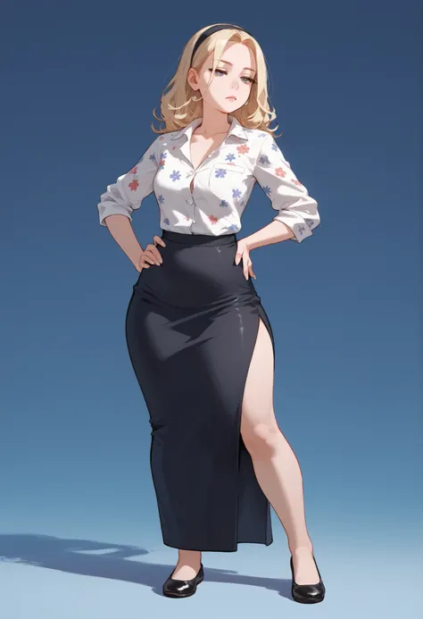(score_9,score_8_up,score_7_up), short legs, 1lady, mature female,adult woman, short legs, shortstack, 20 years old, long hair, exposed forehead, round face, blonde hair, big forehead, split hair bangs, black hairband, floral button up casual blouse, mediu...