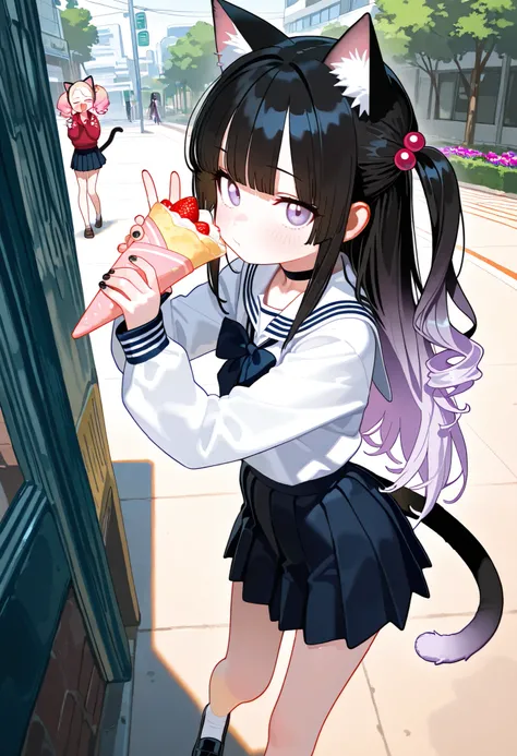 2girls, lavender eyes, Black Hair, light lavender Gradient Hair, blunt bangs, hime cut, Medium length twintails, curly hair, Full head of hair, cat tail, cat ears, flower pettern, Choker, bare legs, Loafer, nail polish, black nails, masterpiece, best quali...