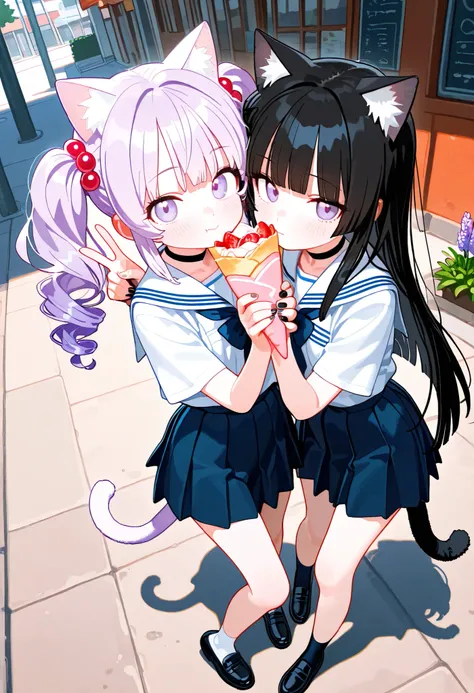 2girls, lavender eyes, Black Hair, light lavender Gradient Hair, blunt bangs, hime cut, Medium length twintails, curly hair, Full head of hair, cat tail, cat ears, flower pettern, Choker, bare legs, Loafer, nail polish, black nails, masterpiece, best quali...