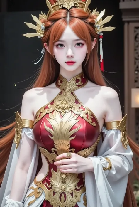 Dark Scenery in Malaysia, Legendary Female Warrior, In the middle of battle, Confident Standing, Exquisite Gold and Crimson Armor, Elegant Rose-like Motifs, Long, Fiery Red Hair, Beautiful Face Like White Porcelain, Cold look, 4K High Quality, Photo Real, ...