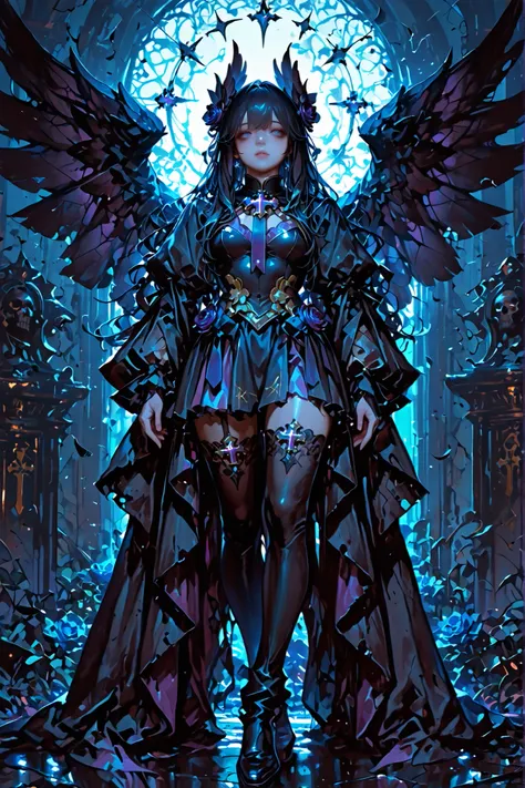 Fallen Slayer: Raven Wings、Eyes are hidden by wings、full body image、Standing picture、Magical Girl