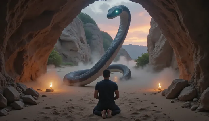 A man kneeling in a worshipping position inside a cave at dusk. In front of him is a massive giant snake, towering over the man, with glowing eyes and thick, scaly body coiled around the cave. The snake is ancient and intimidating, with detailed textures a...
