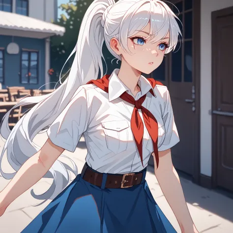 white collared shirt, short sleeves, red neckerchief, neckerchief, belt, blue skirt, W31ssSchn33, 1girl, white hair, blue eyes, long ponytail, side pontyail, scar across eye