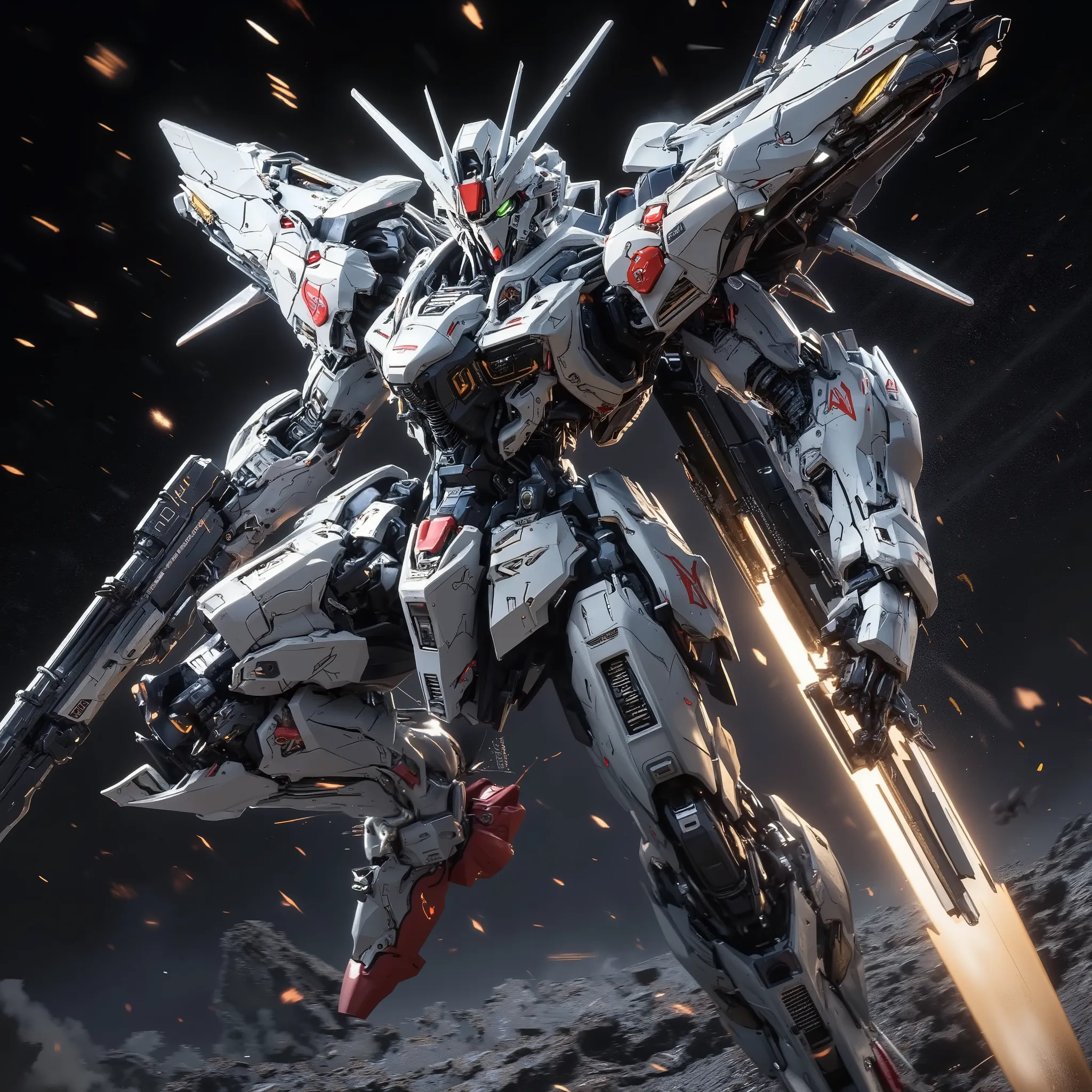 フリーダムガンダムのようなロボットのfast flight,full body,high-resolution photorealistic３D rendering style ,hyperrealism art,mechanical details of Freedom Gundam's face, ,The exact proportions of Freedom Gundam ,４Two white antennae ,V-shaped fins, green_lens flare from glow...