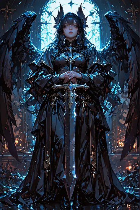 Fallen Slayer: Raven Wings、Eyes are hidden by wings、full body image、Standing picture、Magical Girl、A large sword made with wings、 holds it with both hands 