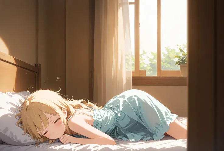A young woman leaning against a bed's headboard as a backrest, just waking up. She has a sleepy expression, using a pillow behind her lower back like a cushion. A white sheet is pulled up to her waist, hiding her lower body. She is wearing a frilly neglige...