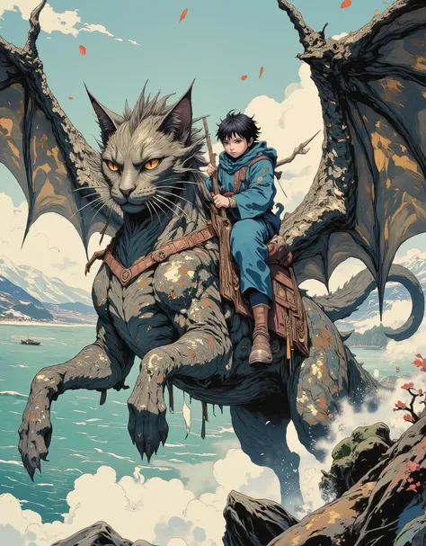 A giant mount, which is a hybrid of a dragon and a fluffy giant cat, a computer game character, flies over an endless blue-green ocean. His huge webbed wings, like ancient fans, cut through the air, and his long whiskers flutter in the wind. The hybrid of ...