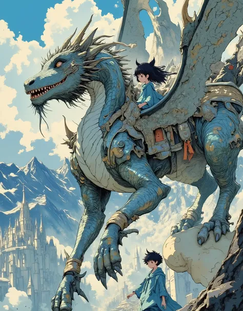 A giant mount, which is a hybrid of a dragon and a fluffy giant cat, a computer game character, flies over an endless blue-green ocean. His huge webbed wings, like ancient fans, cut through the air, and his long whiskers flutter in the wind. The hybrid of ...