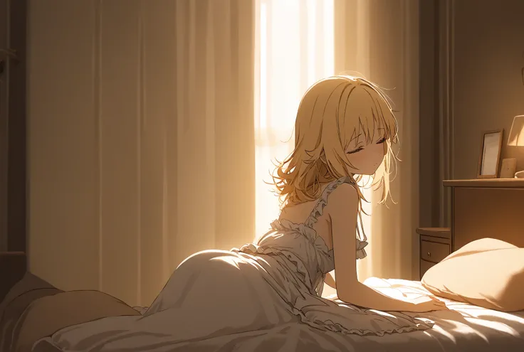 A young woman leaning against a bed's headboard as a backrest, just waking up. She has a sleepy expression, using a pillow behind her lower back like a cushion. A white sheet is pulled up to her waist, hiding her lower body. She is wearing a frilly neglige...