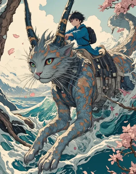 A giant mount, which is a hybrid of a dragon and a fluffy giant cat, a computer game character, flies over an endless blue-green ocean. His huge webbed wings, like ancient fans, cut through the air, and his long whiskers flutter in the wind. The hybrid of ...