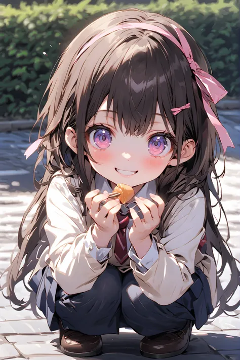 (One personの少女)、One person、Solo Photo、uniform、dark haired、long hair、ribbon on head、(Primary school student 1.2)、with a young face、( feeding)、Smiling、full body image、face up with ties、squatting、spreading hands