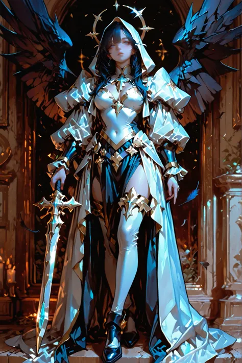 Fallen Slayer: Raven Wings、Eyes are hidden by wings、full body image、Standing picture、Magical Girl、Awakening、Highest image quality､4k、final polar form、Strongest