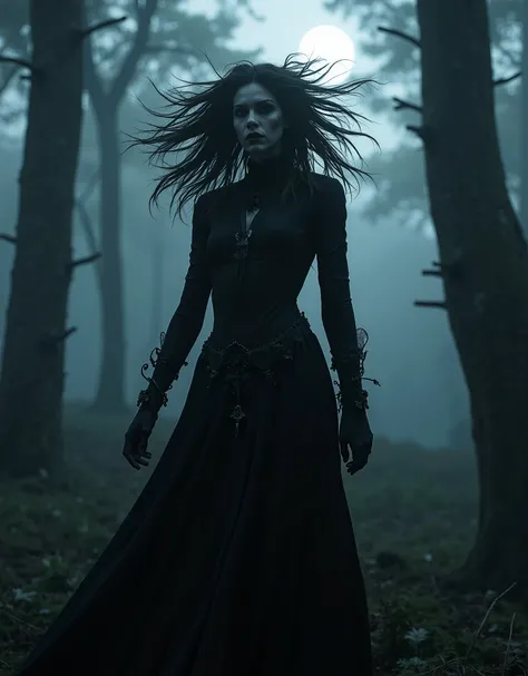 highly detailed dark fantasy banshee photograph, messy layered hair, dark forest, dense fog, moonlight, cinematic composition, dramatic chiaroscuro lighting, intricate gothic details, haunting atmosphere, moody color palette, dark fantasy illustration, raw...
