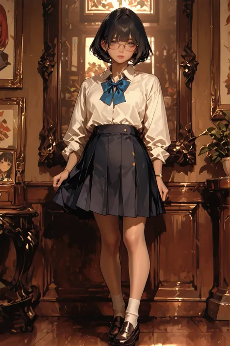 High School Girl、glasses、eyes are hidden by hair、Looks like、dark haired、Standing picture、full body image、Anime Style、A little young、Lots of hair、bob cut