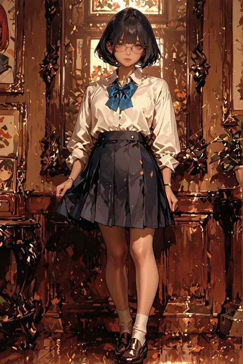 High School Girl、glasses、eyes are hidden by hair、Looks like、dark haired、Standing picture、full body image、Anime Style、A little young、Lots of hair、bob cut