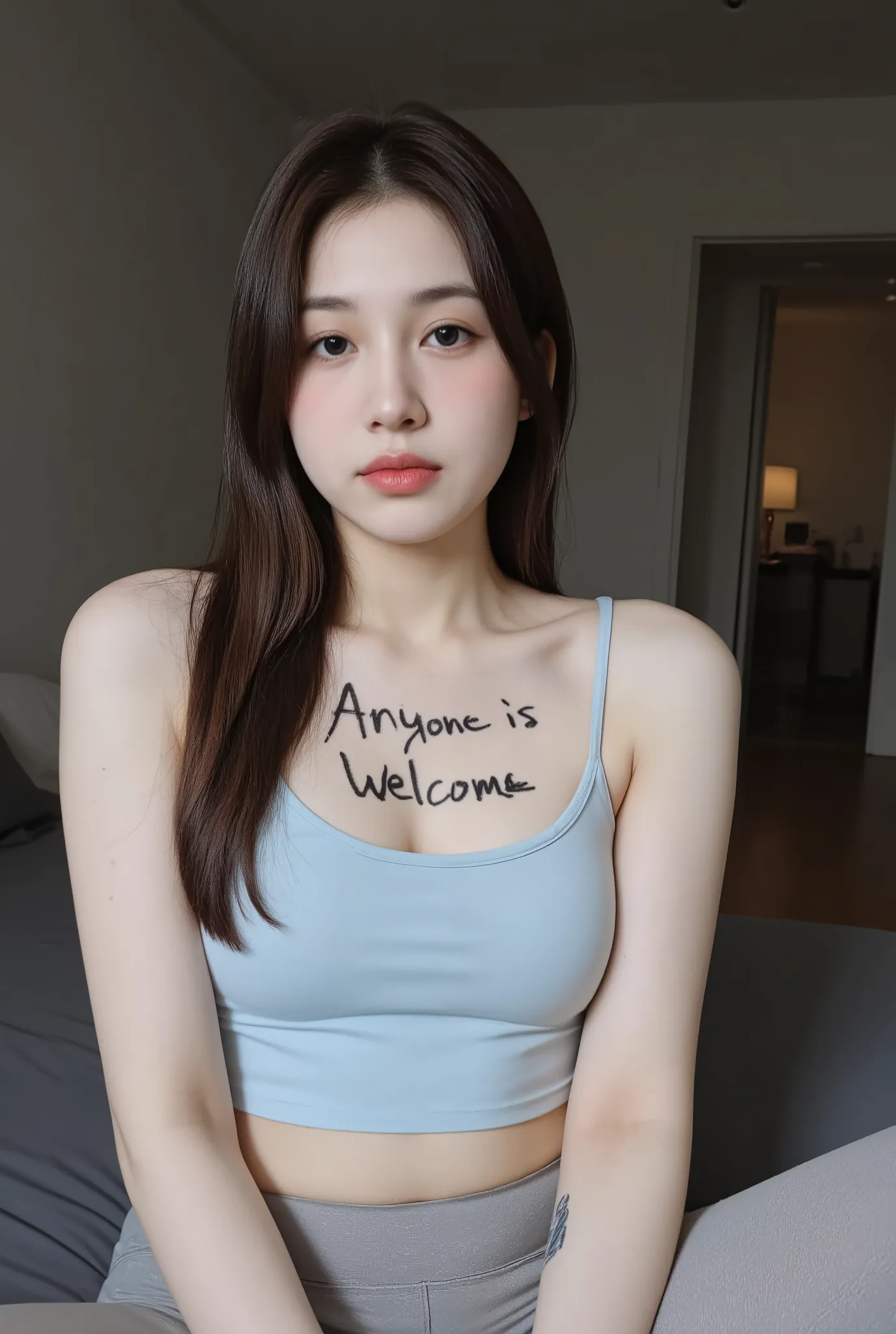 ((Amateur shot a pov of a instagram selfie:1.5))(in camera selfie) (perfects accurate spelling:1.6)(Reliably readable handwriting)she is written “Anyone is welcome”on bare skin with black marker.no makeup. She wears a black blindfold. She has long straight...