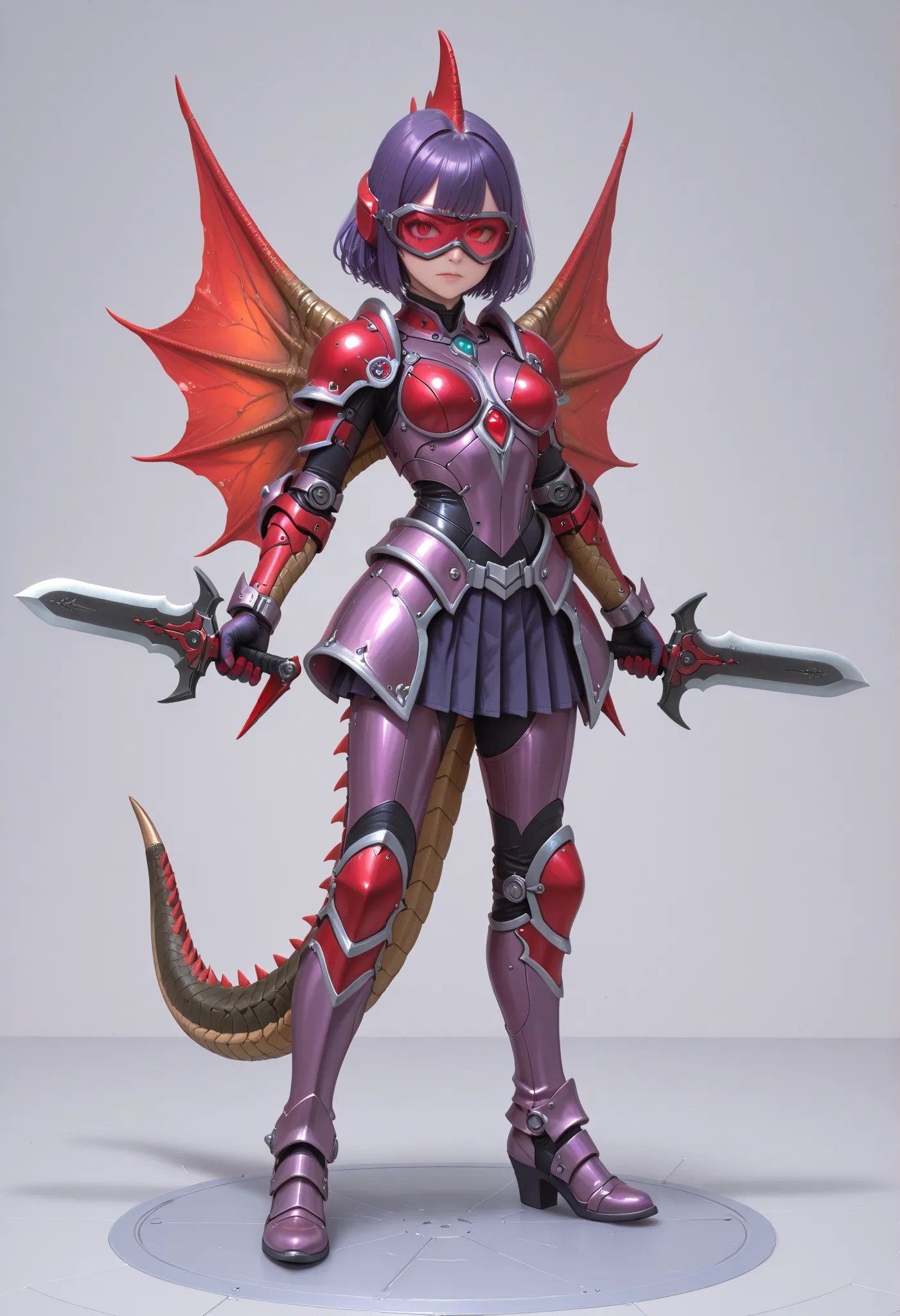 Gigan Girl. Purple hair. Short hair. Red bangs. Sharp eyes. Red cyber goggles. Purple metallic bodysuit. Cyber ​​bodysuit. Skirt armor. Blade arms. Tail. Curved waist. Hands fused with weapons. Dual wielding. Falx. Blades. Red fin-shaped wings.