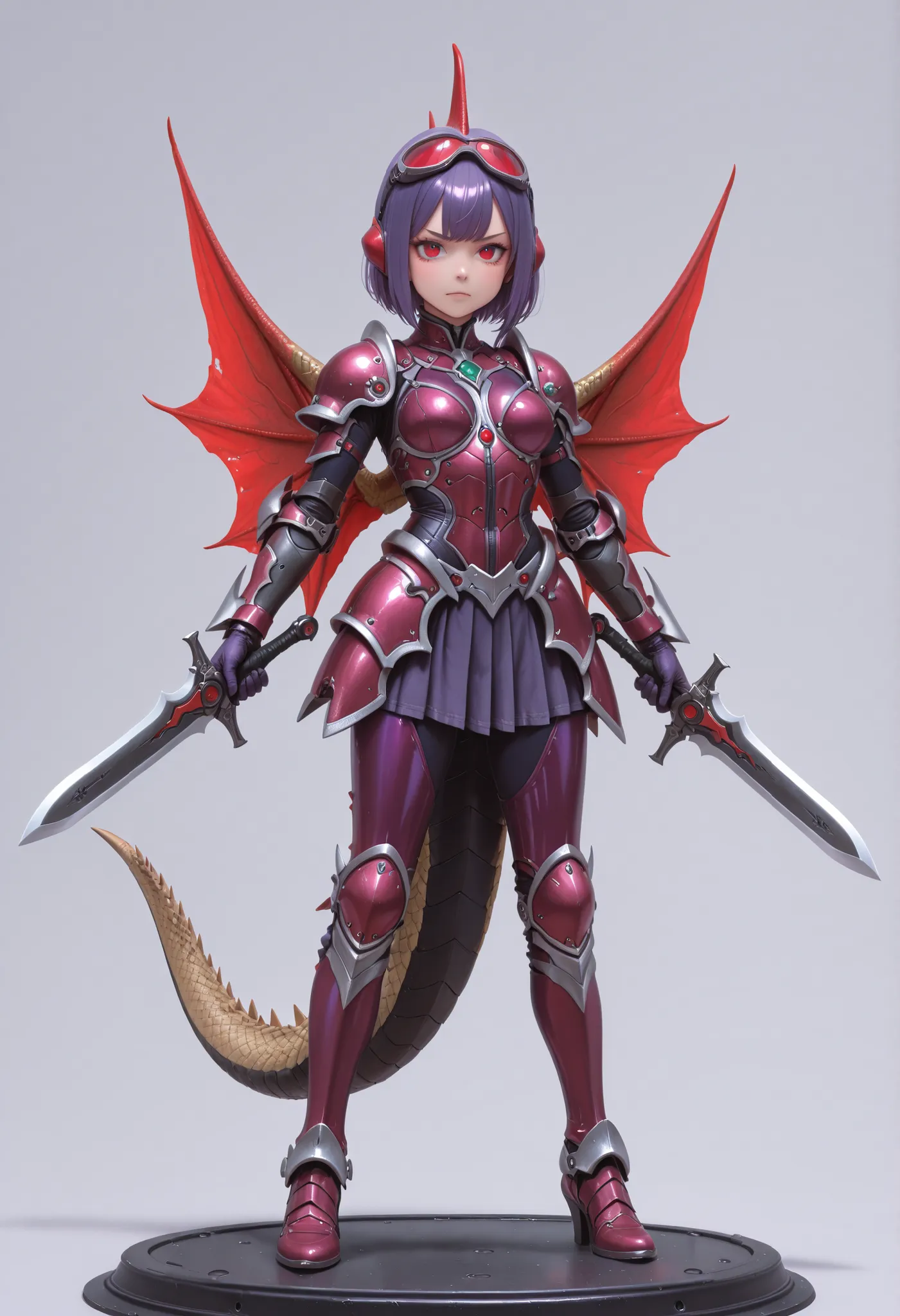Gigan Girl. Purple hair. Short hair. Red bangs. Sharp eyes. Red cyber goggles. Purple metallic bodysuit. Cyber ​​bodysuit. Skirt armor. Blade arms. Tail. Curved waist. Hands fused with weapons. Dual wielding. Falx. Blades. Red fin-shaped wings.