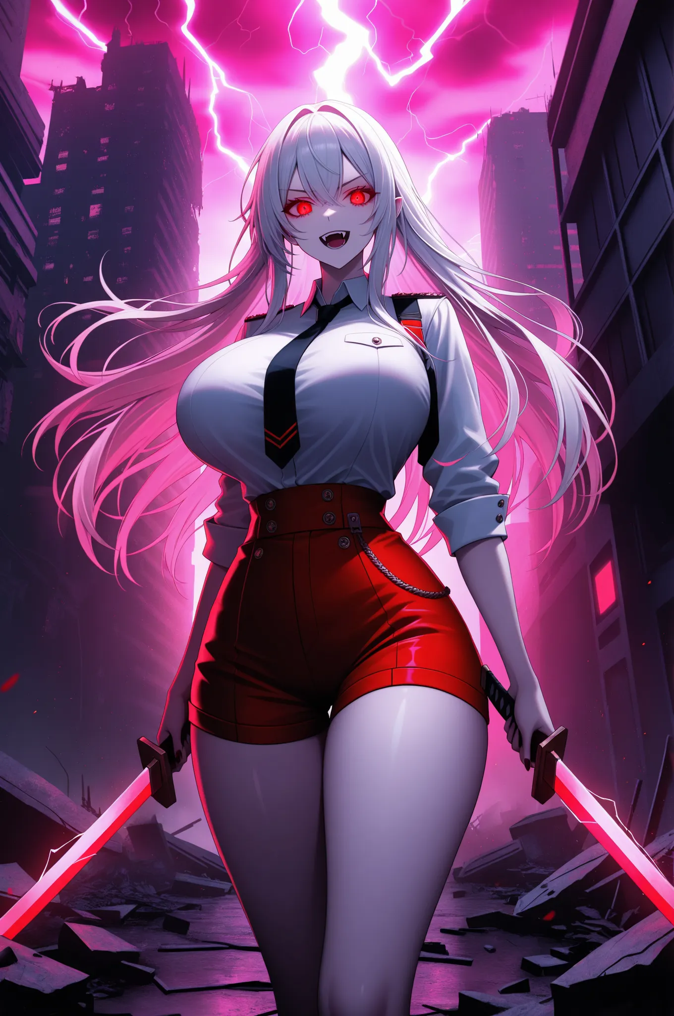 long white hair, vampire, glowing red eyes, uniform, white shirt, tie, red shorts, holding sword, 1girl, solo, vampire fangs, huge breasts, ruined futuristic city, dystopia, lightning storm, pink lighting, volumetric lighting, cinematic lighting,  masterpi...