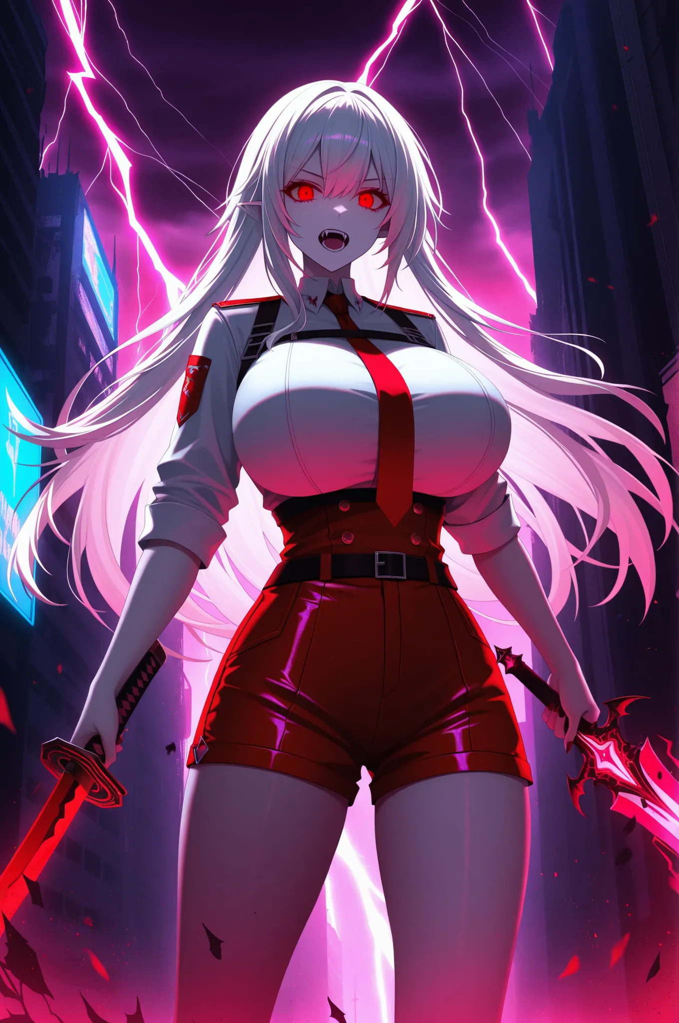 long white hair, vampire, glowing red eyes, uniform, white shirt, tie, red shorts, holding sword, 1girl, solo, vampire fangs, huge breasts, ruined futuristic city, dystopia, lightning storm, pink lighting, volumetric lighting, cinematic lighting,  masterpi...