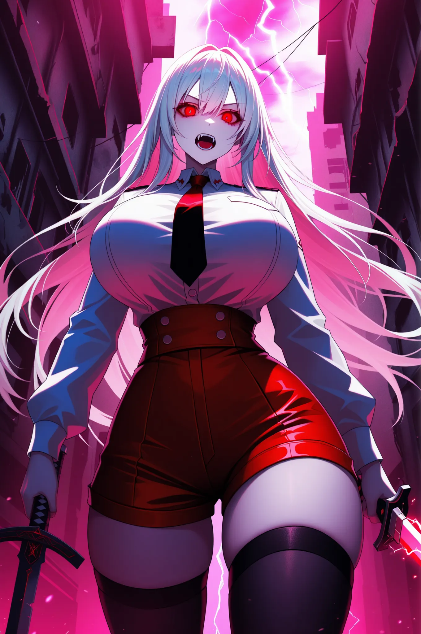 long white hair, vampire, glowing red eyes, uniform, white shirt, tie, red shorts, holding sword, 1girl, solo, vampire fangs, huge breasts, ruined futuristic city, dystopia, lightning storm, pink lighting, volumetric lighting, cinematic lighting,  masterpi...