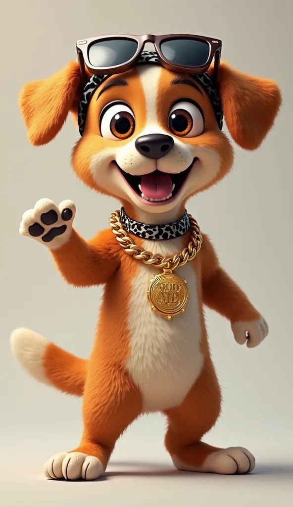 A friendly brown-furred dog with large, expressive eyes. He has white spots on his body, some on his paws, and a small one at the tip of his tail. He's standing on two legs, dancing enthusiastically. He wears a thick gold chain with a large rapper-style gold medal around his neck. On his head, he wears a rapper bandana, and sunglasses sit over his eyes (not on his head or dangling, but firmly placed). The image should be cartoonish, ultra-realistic, in high resolution, with vivid and attractive colors, ideal for a ren's song video.