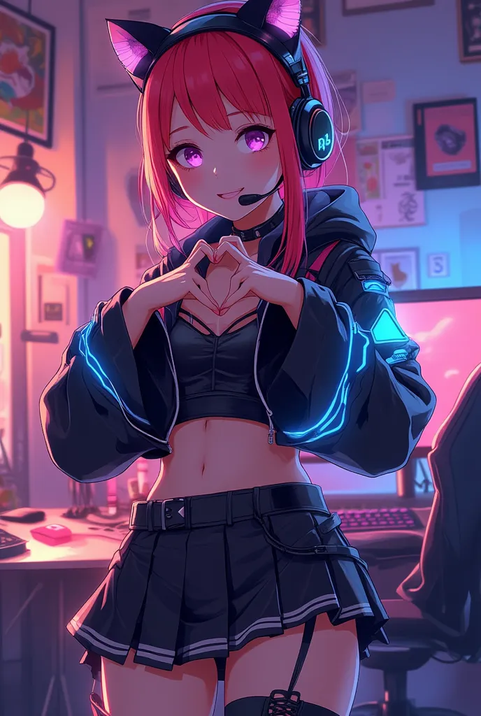  A beautiful woman, (nice curves), with long red hair with pink tips and bright purple eyes, (eyes rich in detail), (eyes detailed), wearing a futuristic black outfit with bright blue details on the sleeves. She wears cat-ear headphones and a headset microphone. Her outfit includes a stylish cropped jacket with wide sleeves, a pleated skirt with white stripes and black lace-up boots. She makes a heart with her hands near her face, (close-up from the waist up) smiling warmly. The background is a bedroom with a gaming computer in the background. The art style is detailed and colorful, with soft dynamic lighting and slightly 3D anime shading, in high resolution 