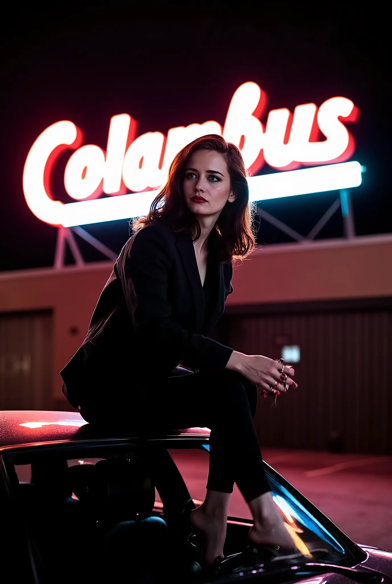 Low-angle close-up，shallow depth of field，Dramatic contour light outlines her and the car's curves。Eva Green in a dark jacket and pants , In an empty parking lot at night，playfully sits on the roof of a sports car, behind her {x} The words “Colambus” shine...