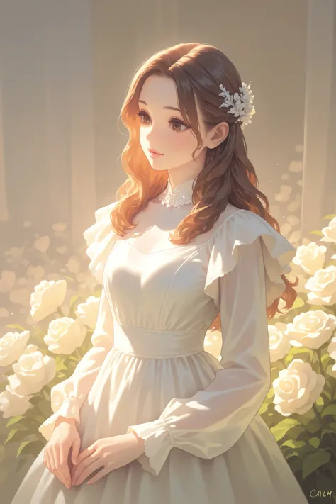 Girl, long brown hair, brown eyes, calm features, white skin, light pink lips, beautiful, perfect, elegant, wearing a dress with sleeves, bright and clear colors, high quality resolution.